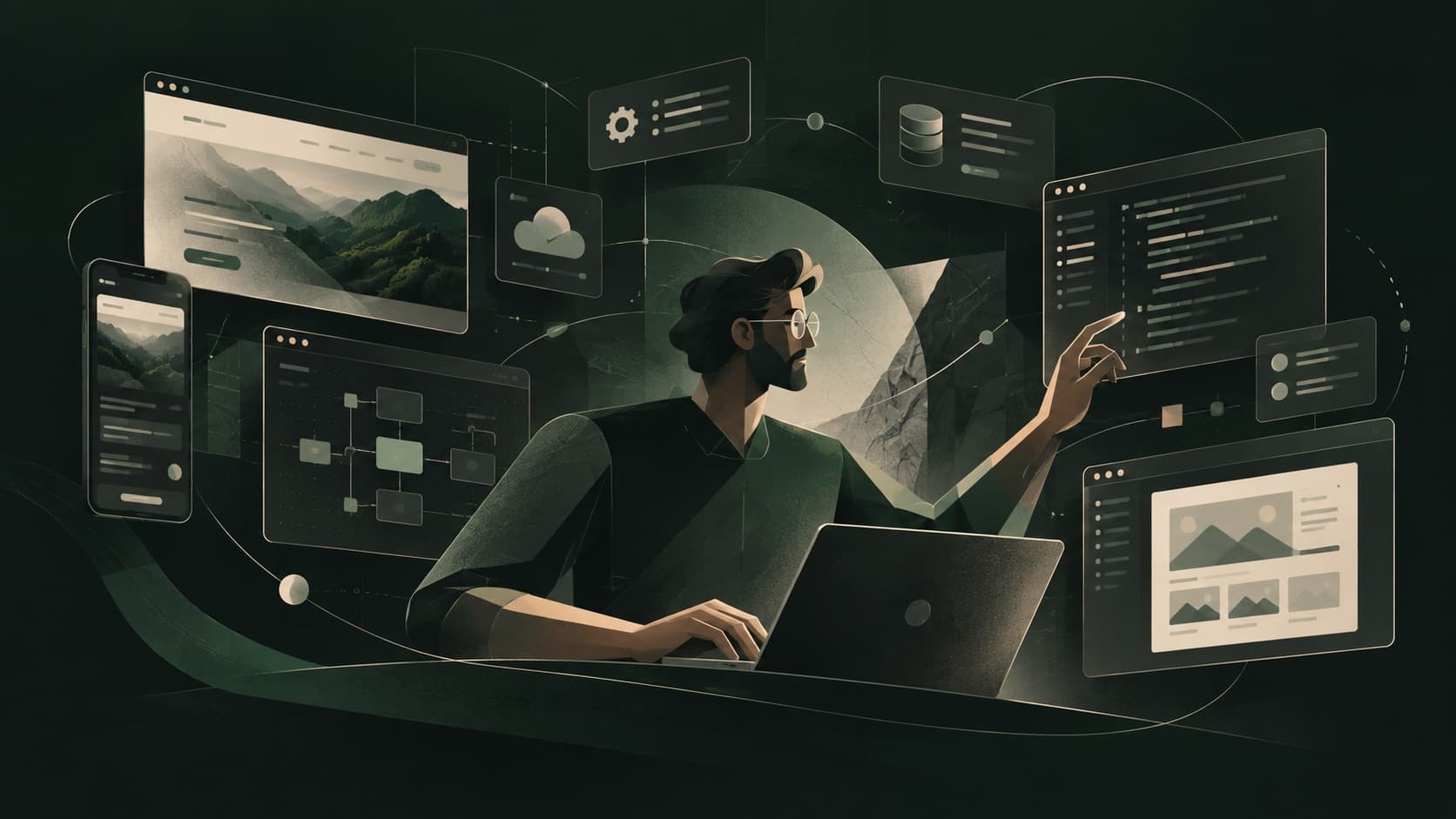 An illustrated developer at a laptop, surrounded by floating panels showing a website, a mobile app, a workflow diagram, code and data