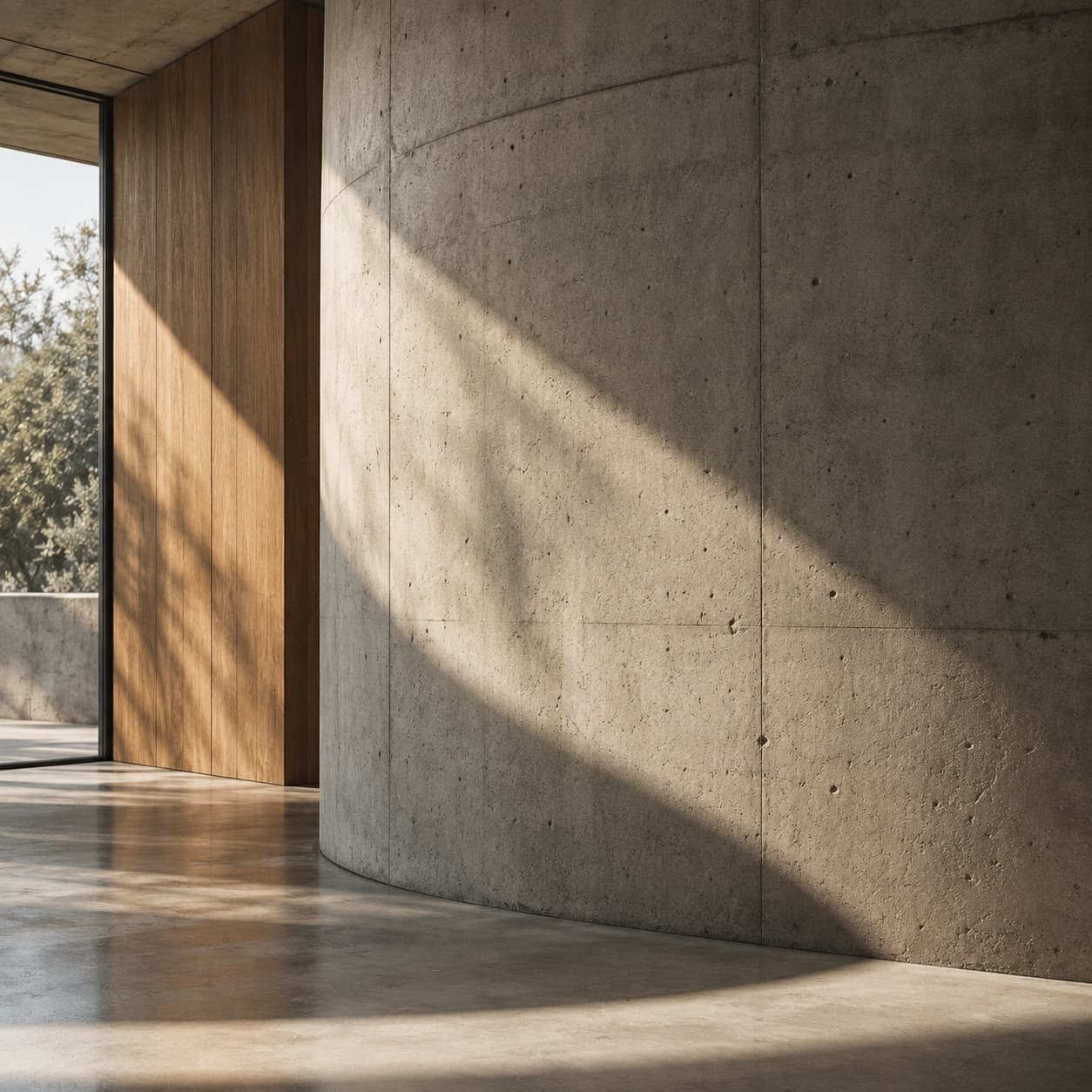 Curved concrete wall and timber in raking daylight
